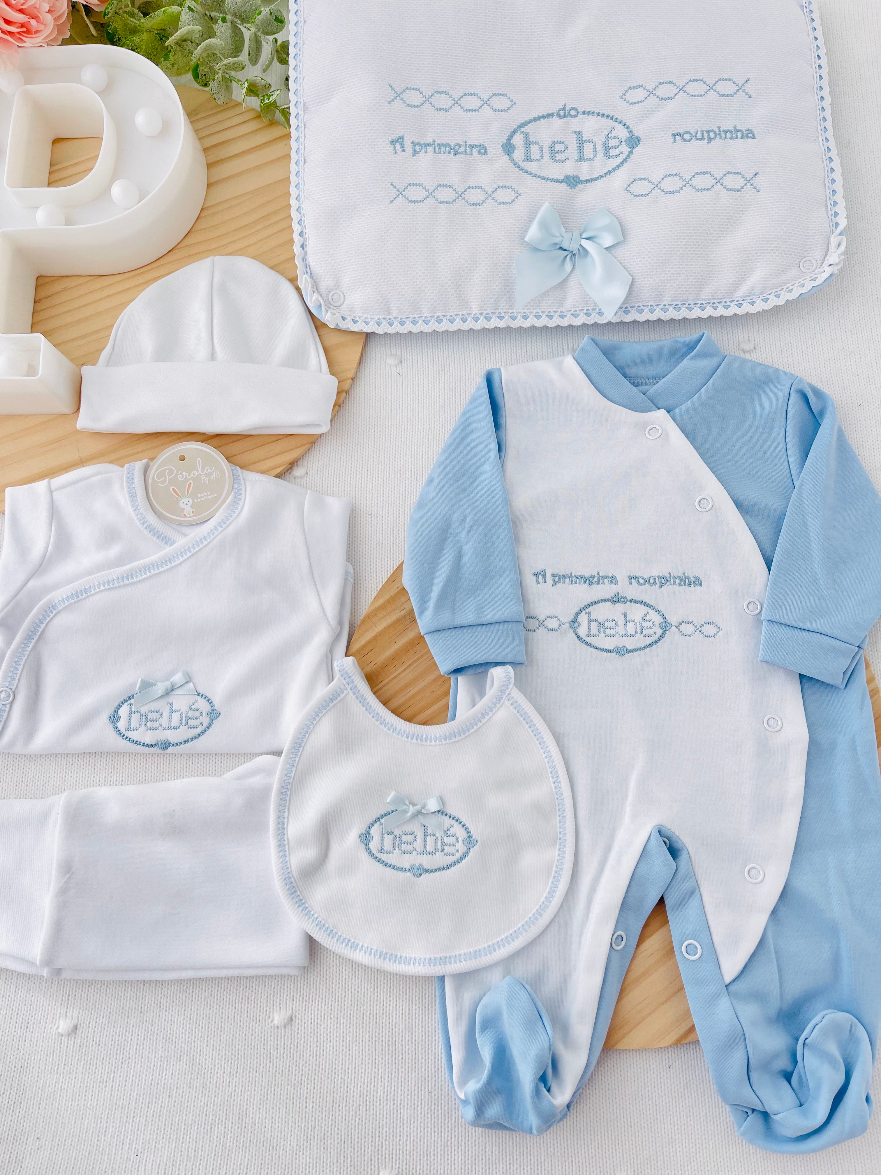 Conjunto primeira roupinha tema Bebé - 6 peças algodão