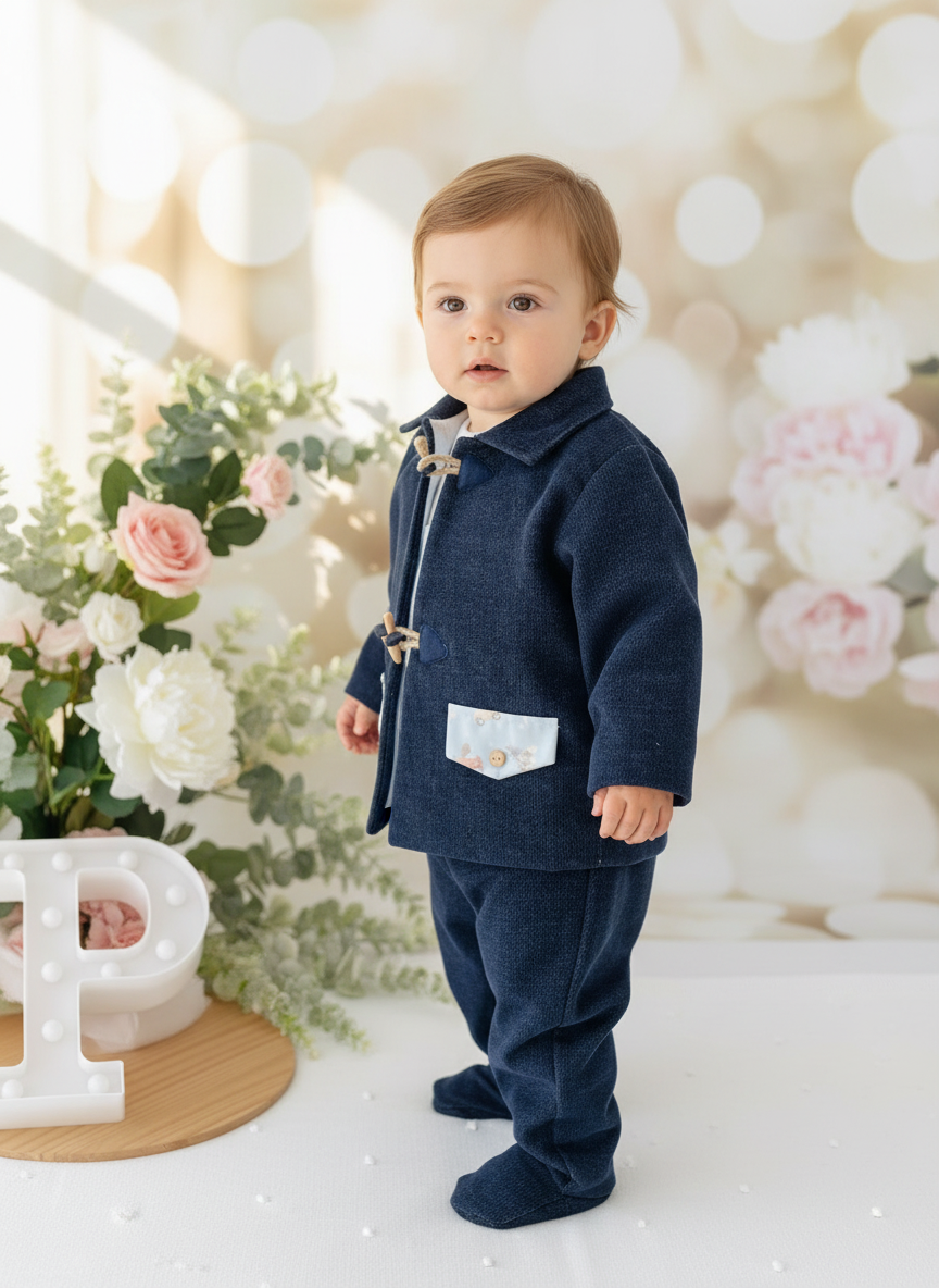 Conjunto menino 3 peças: casaco, calças e camisola