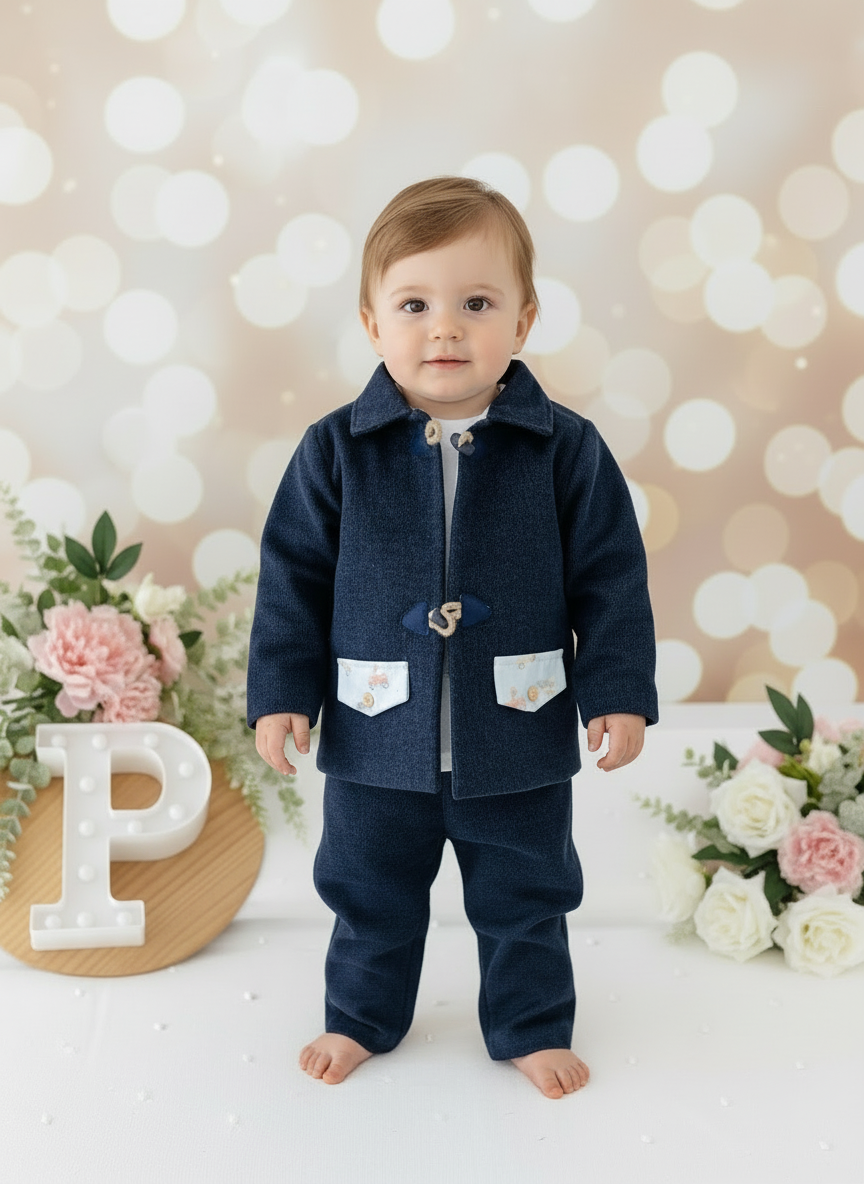 Conjunto menino 3 peças: casaco, calças e camisola