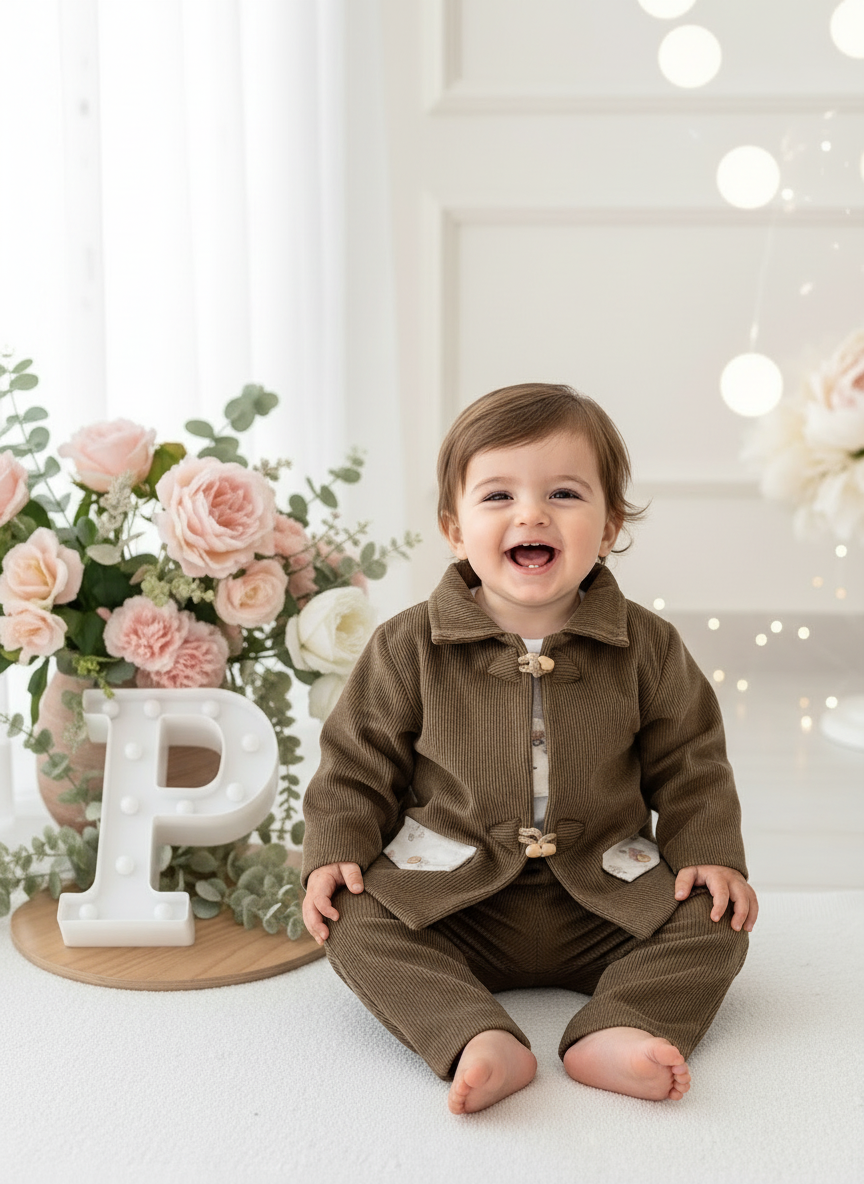 Conjunto menino bombazine 3 peças: casaco, calças e camisola