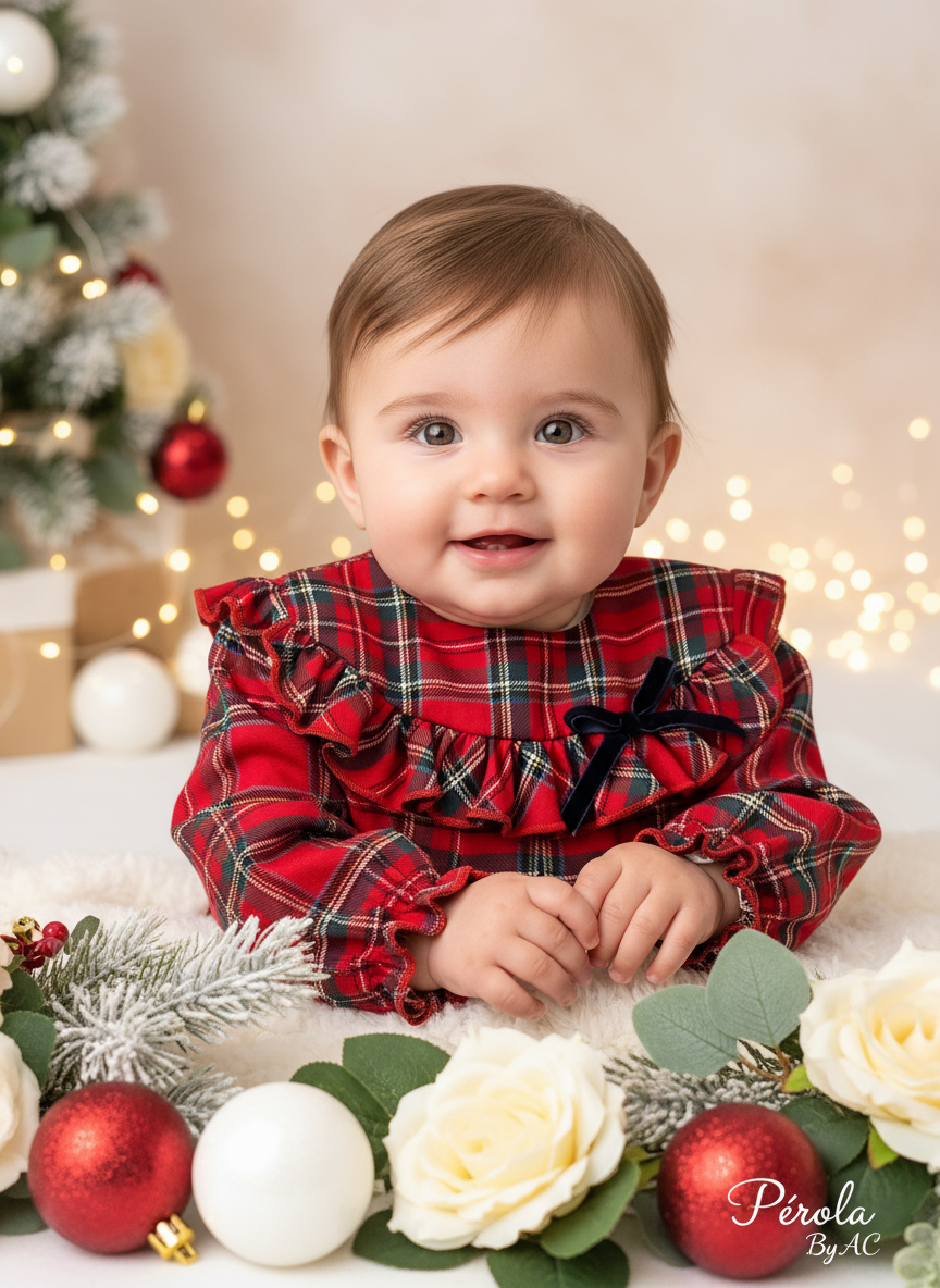 Vestido xadrez vermelho com laço azul veludo