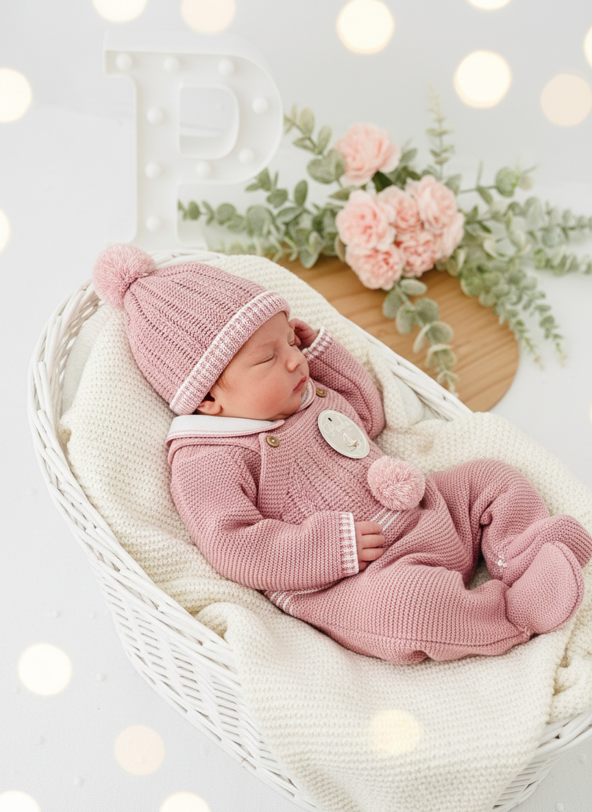 Conjunto Pompom rosa velho: jardineiras, camisola e gorro