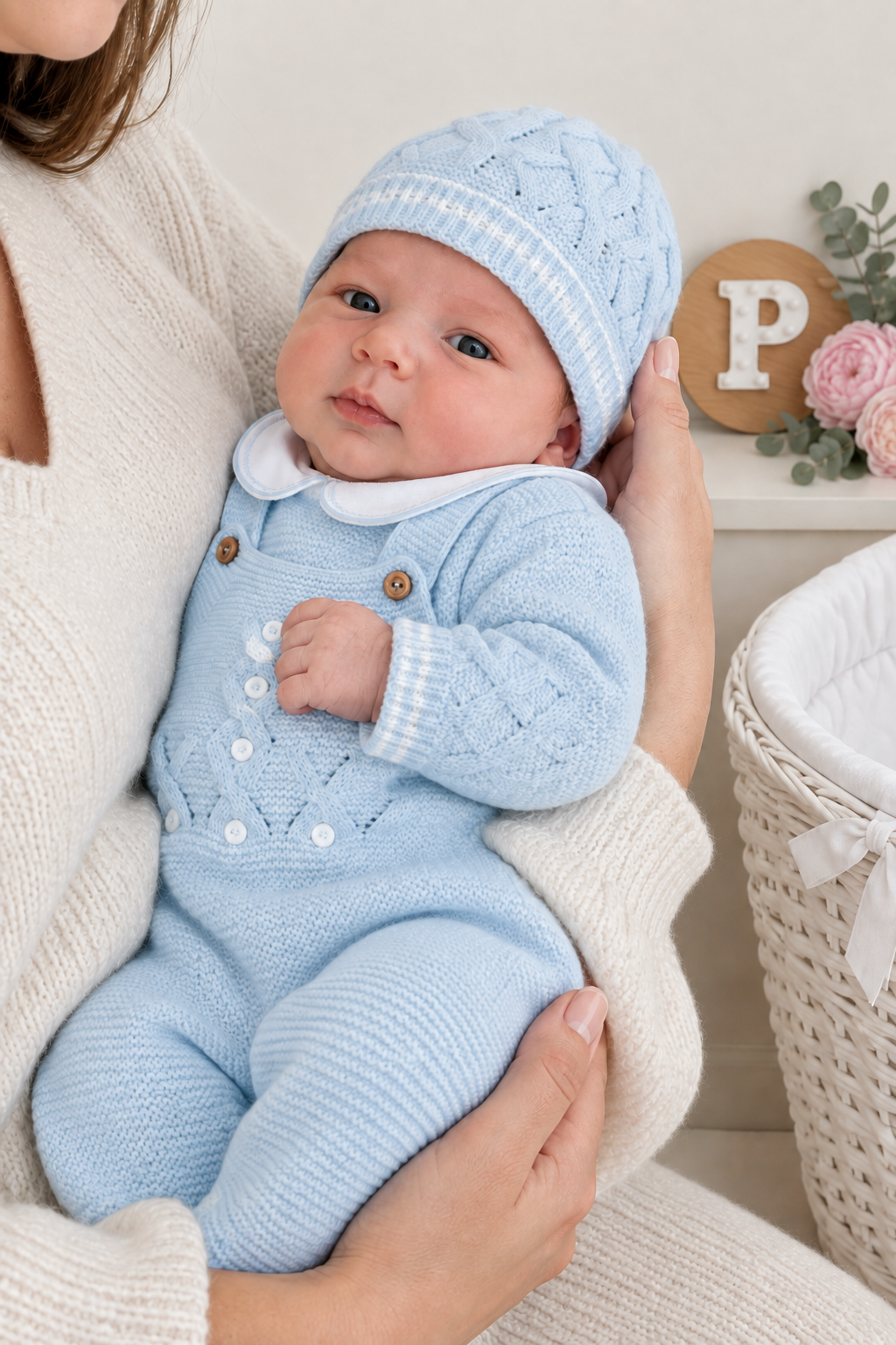 Saída de maternidade azul : jardineiras, camisola e gorro malha quentinha