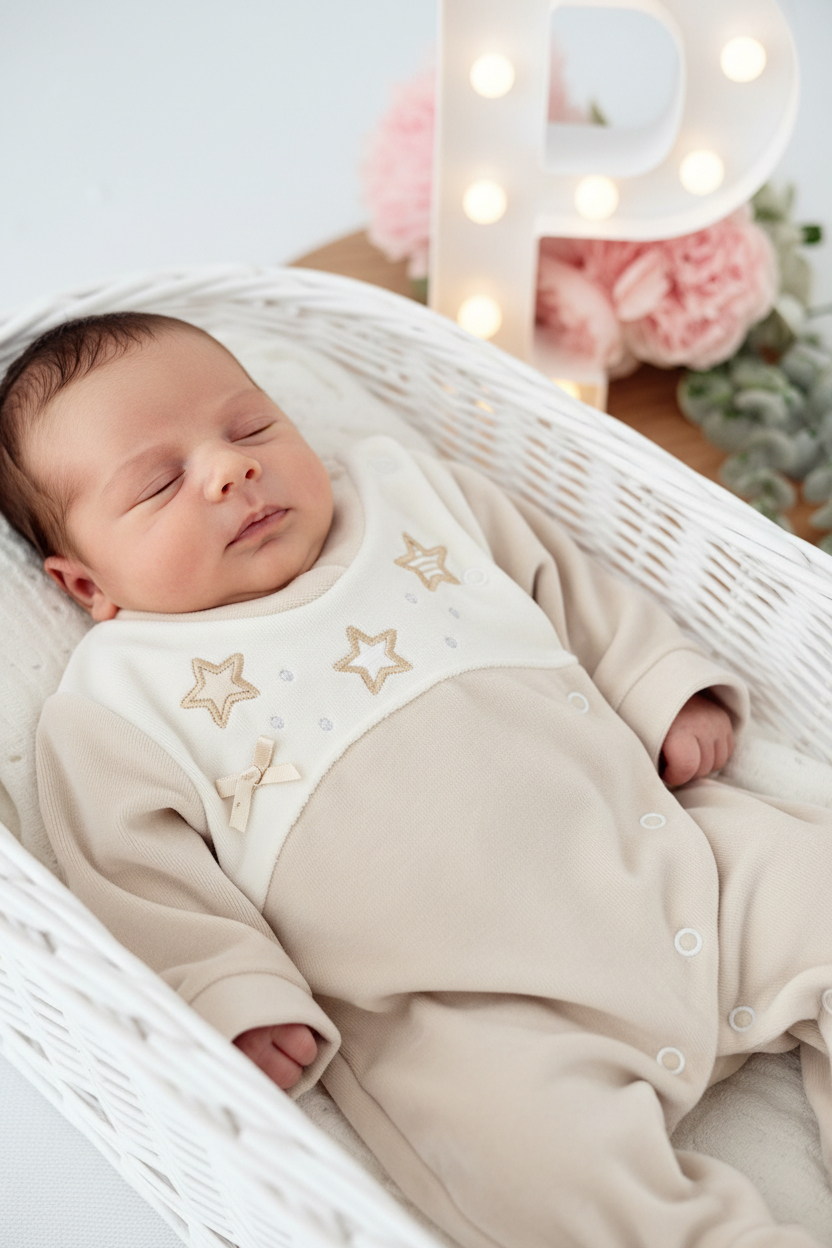 Babygrow Veludo Bebé com Estrelas Bordadas - Recém-Nascido
