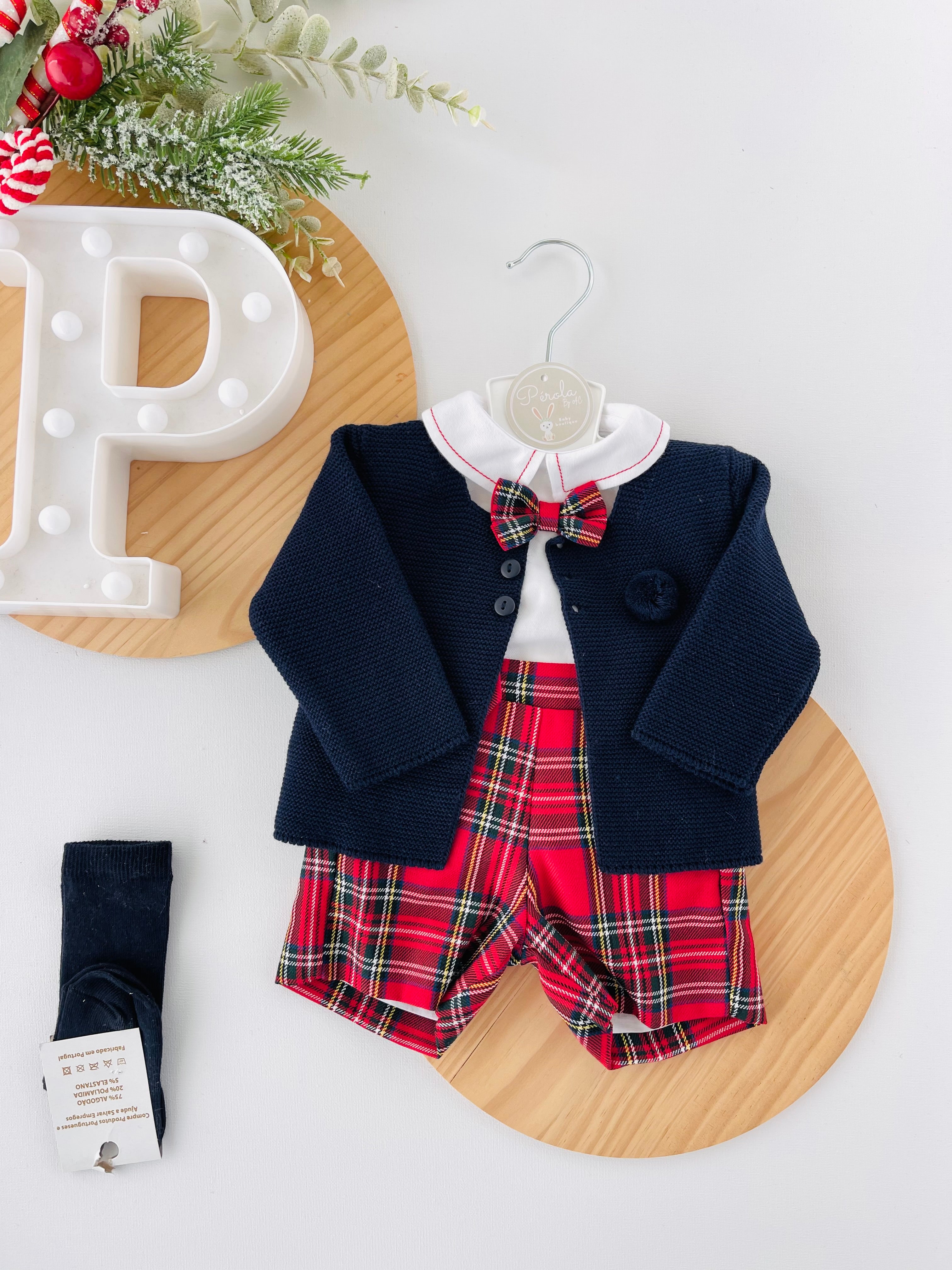 Conjunto xadrez vermelho menino Natal: calções, camisa em flanela e laço xadrez 2.0