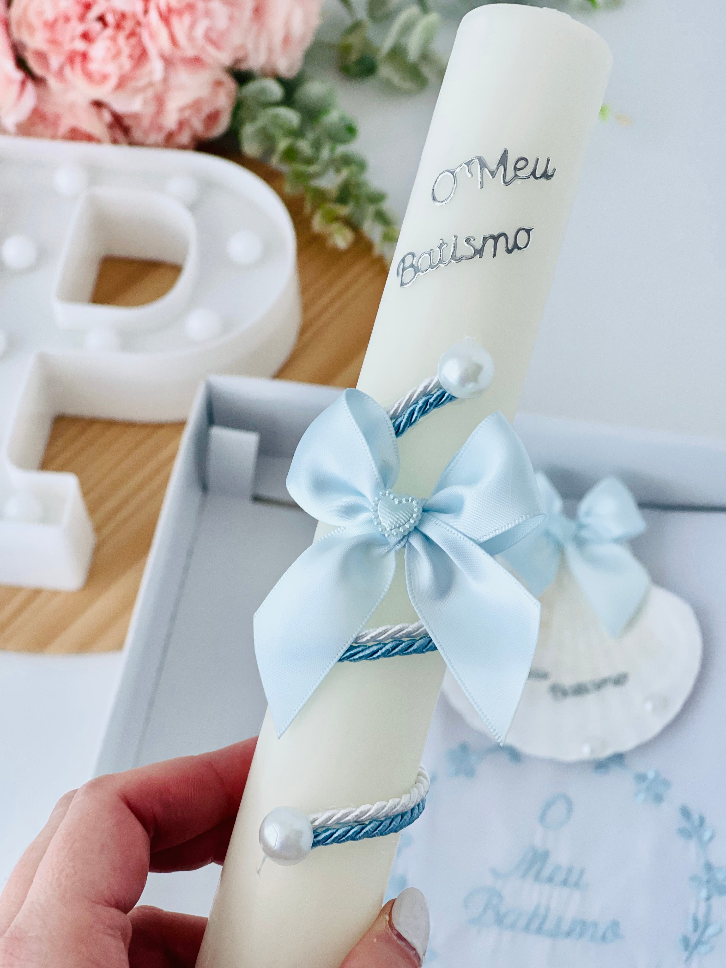 Conjunto para Batizado: vela, toalha e concha Batizado - Ramos