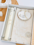 Conjunto para Batizado: vela, toalha e concha Batizado Pomba