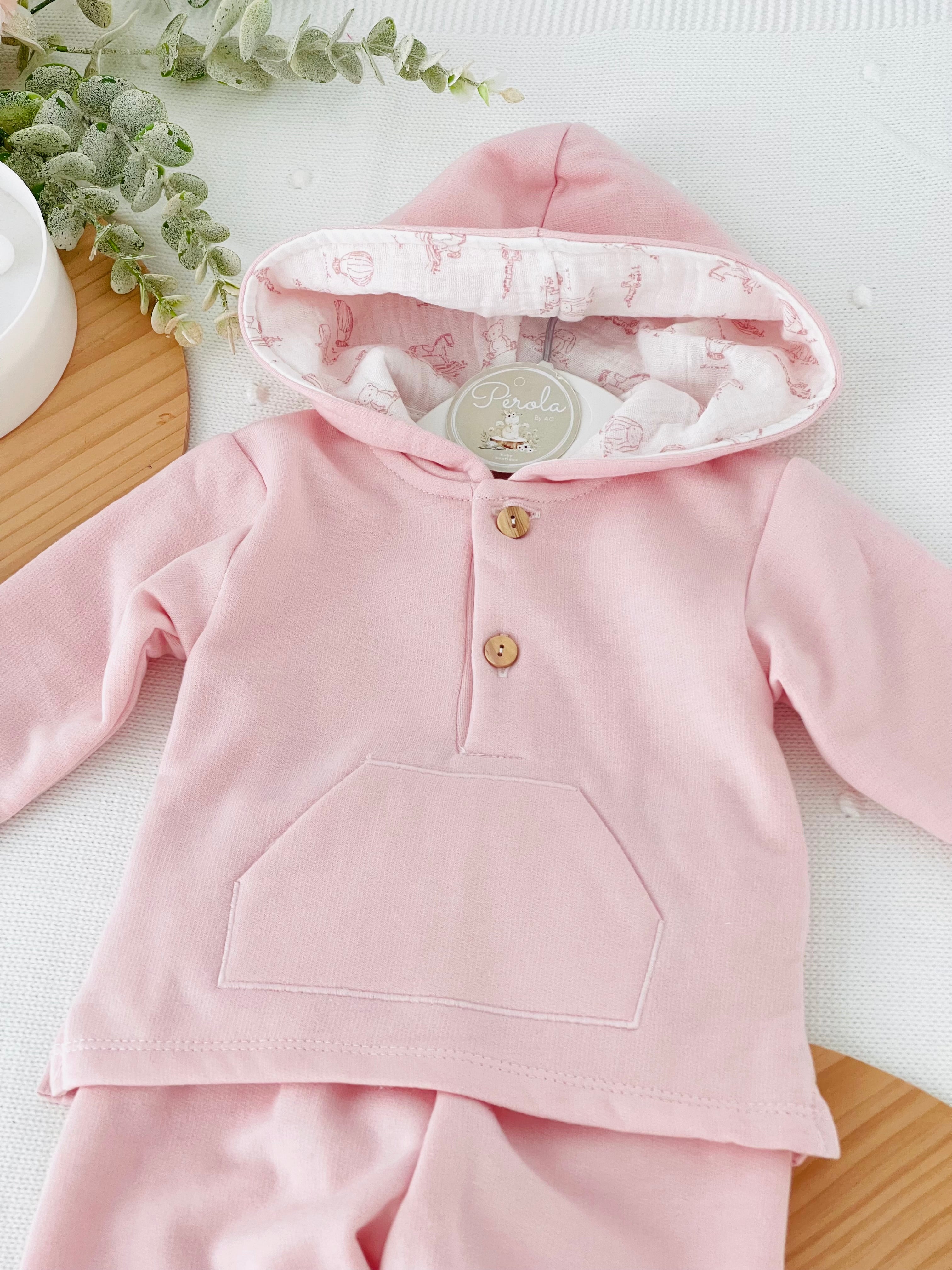 Fato de Treino Rosa com Capuz - Conjunto Cardado Quentinho (3-36m)