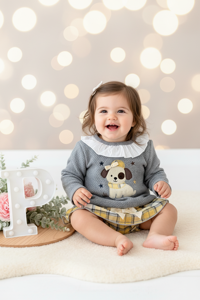 Conjunto cãozinho: camisola e saia com tapa fraldas