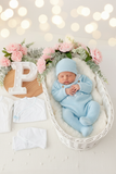 Pack saída de maternidade Azul 5 peças: body, calças, jardineiras, camisola e gorro