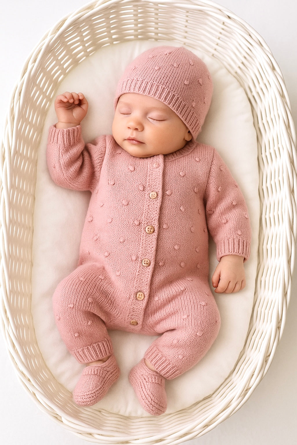 Conjunto bolinhas ROSA: macacão, gorro e carapins de malha