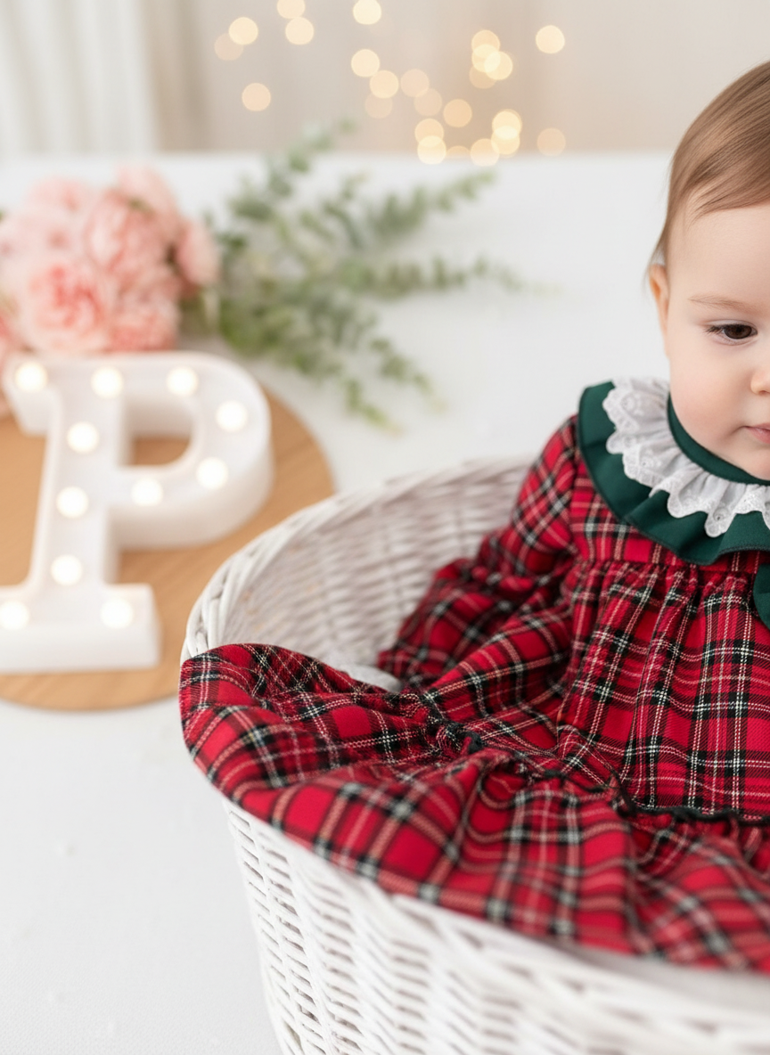 Vestido tartan com detalhes em verde