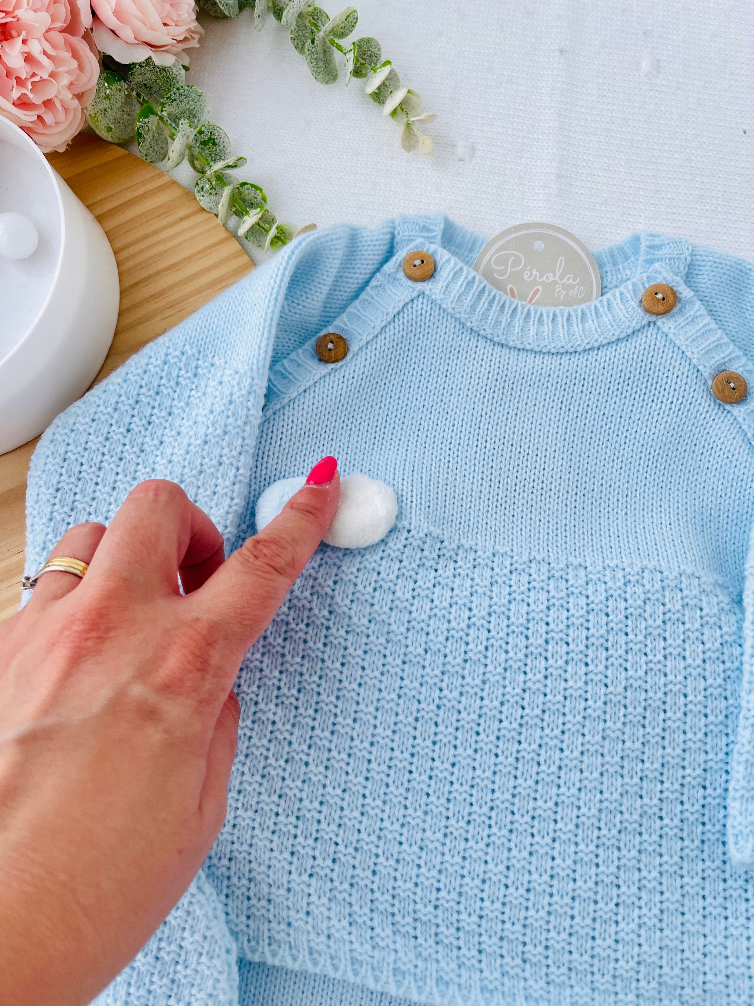 Conjunto menino malha azul: camisola, calças e gorro Outono/Inverno