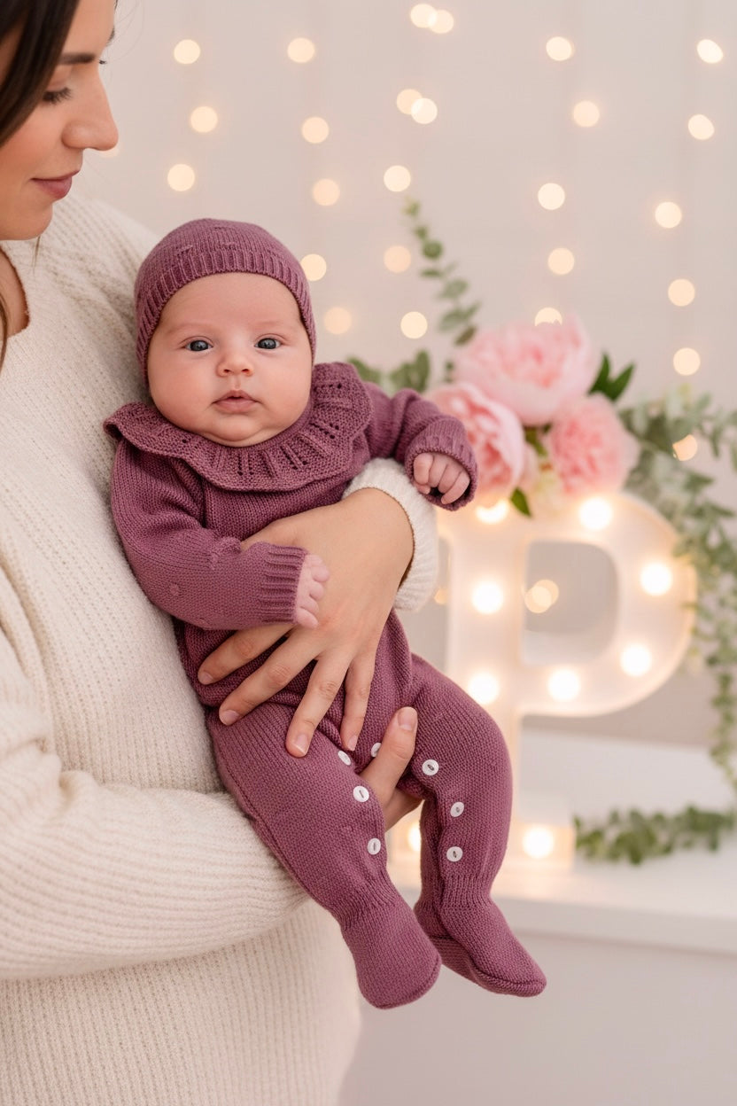 Babygrow e touca Berinjela em malha Outono Inverno