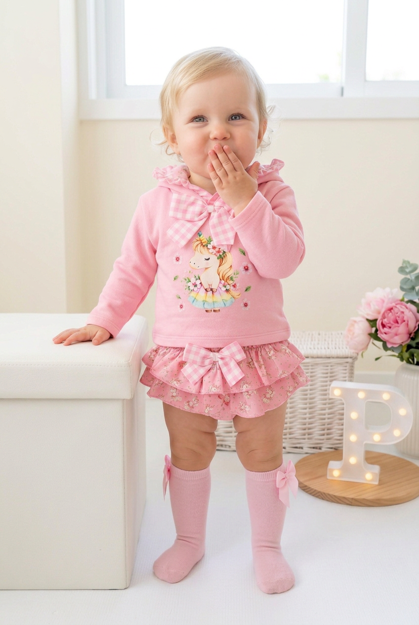 Conjunto Unicórnio Encantado Rosa – Camisola com Capuz e Tapa-Fraldas 6-36M