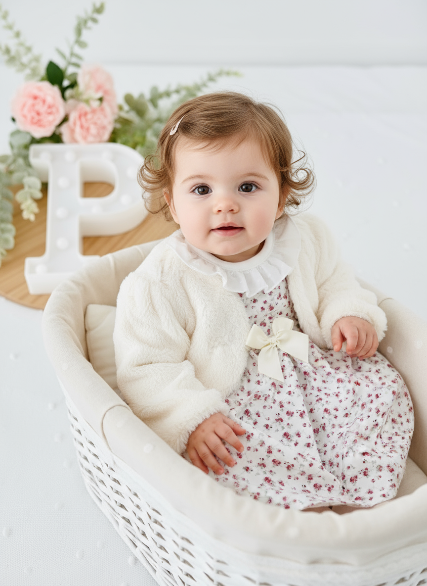 Conjunto Eva: casaco de pêlo, vestido e camisola com golinha