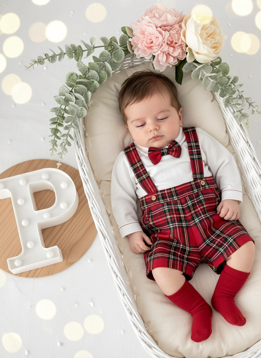 Conjunto xadrez vermelho menino Natal: calções, camisa em flanela e laço xadrez 2.0