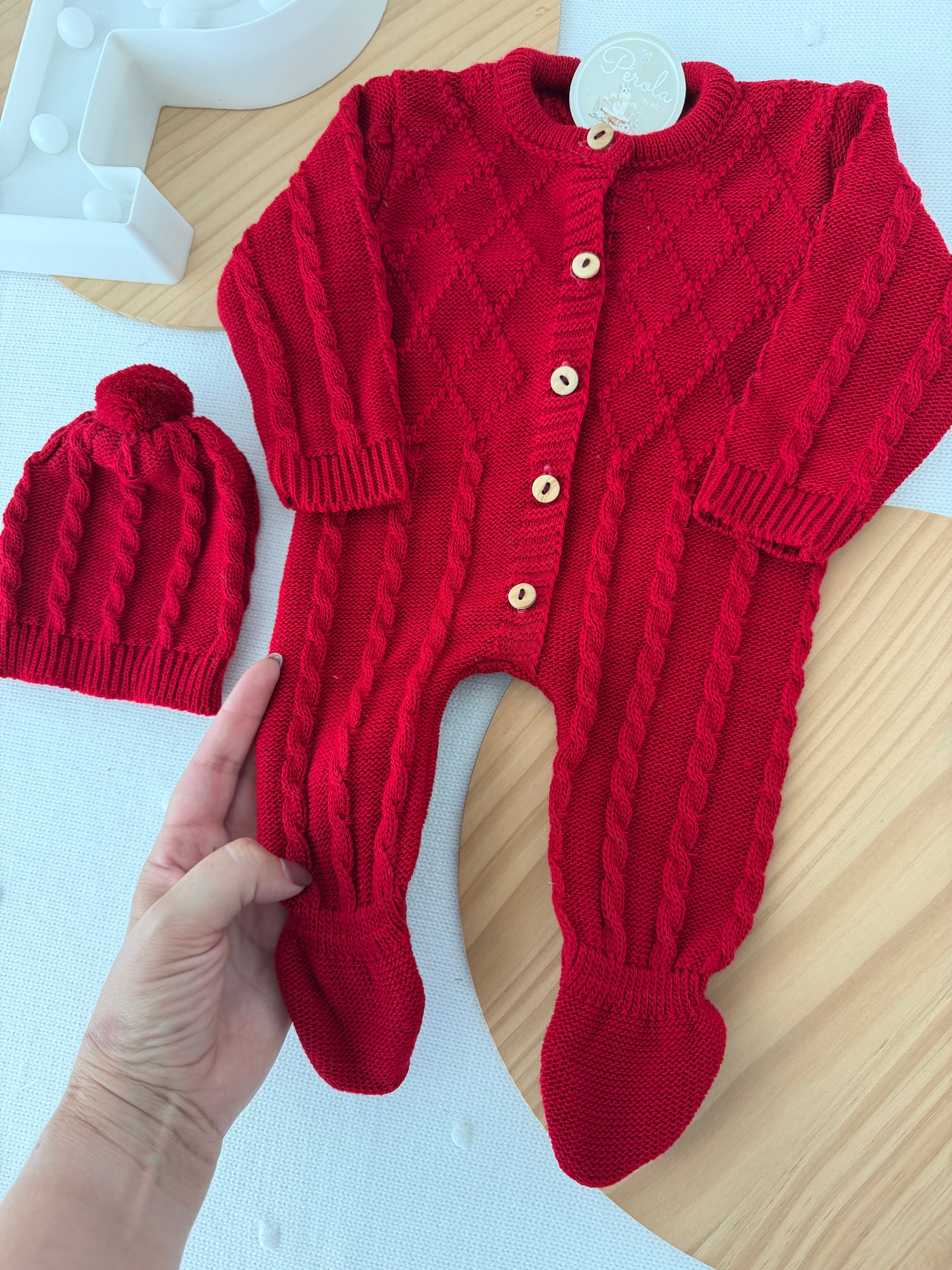 Saída de maternidade vermelho: macacão e gorro Outono Inverno