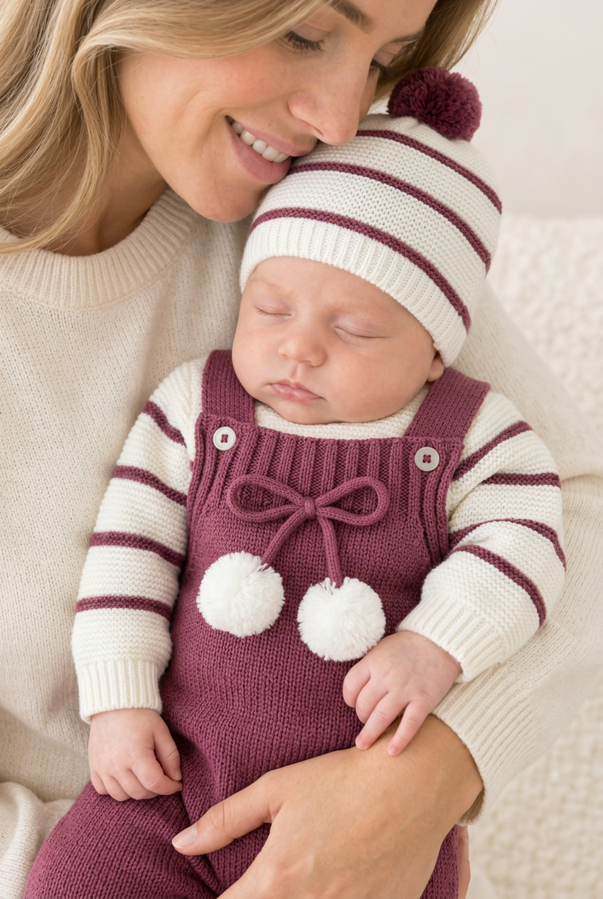Conjunto risquinhas berinjela: jardineiras, camisola e gorro