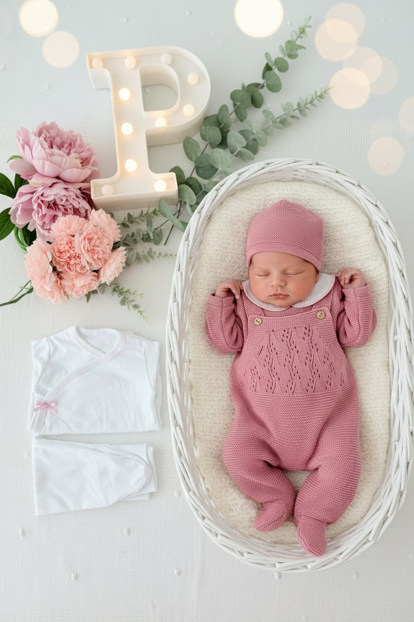 Pack saída de maternidade Rosa 5 peças: body, calças, jardineiras, camisola e gorro