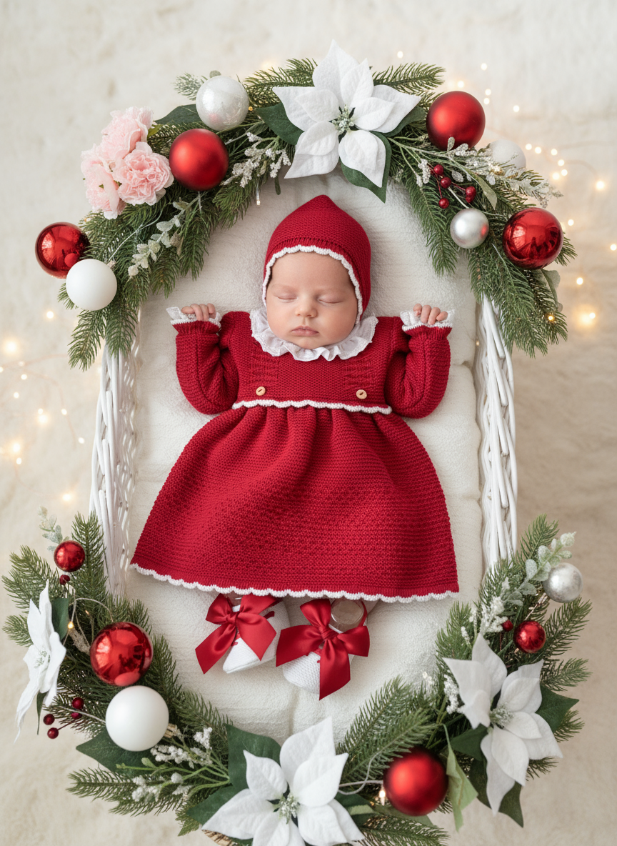 Conjunto em Malha Vermelha com Touca e Sapatinhos