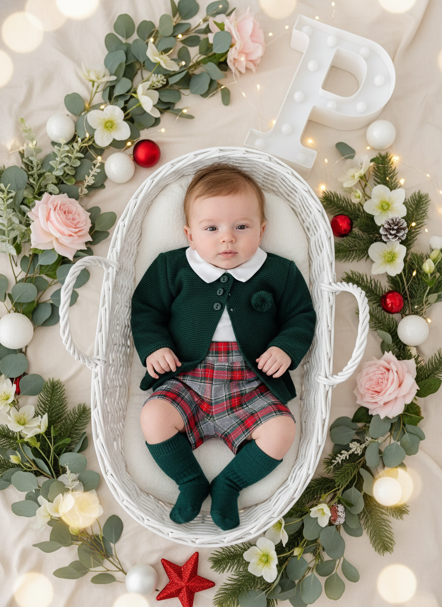 Conjunto menino xadrez cinzento e verde: Calções com alças e camisa