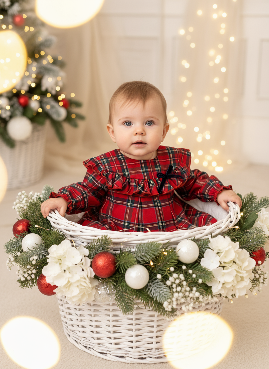 Vestido xadrez vermelho com laço azul veludo