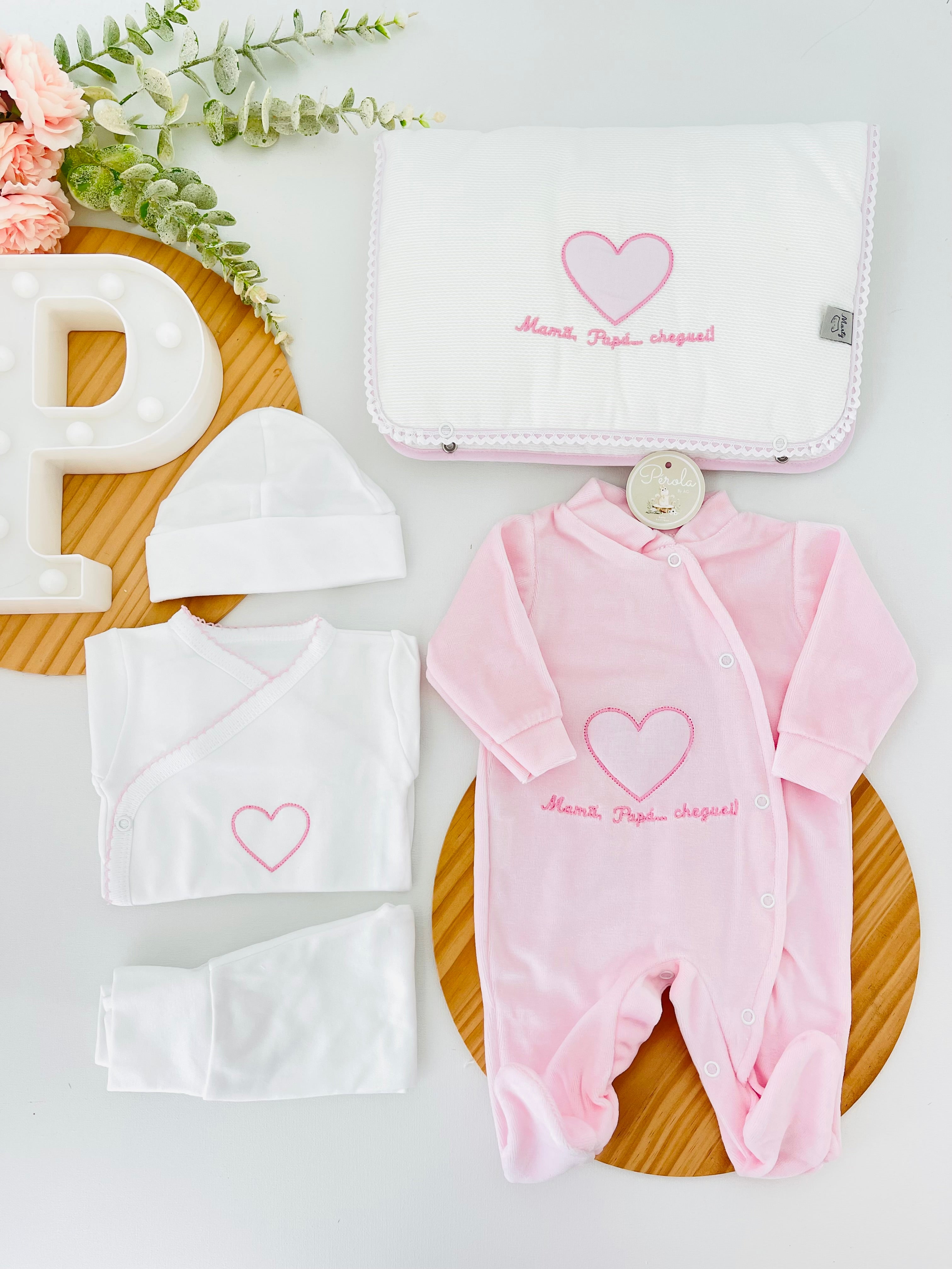 Conjunto primeira roupinha veludo- Mamã Papá cheguei