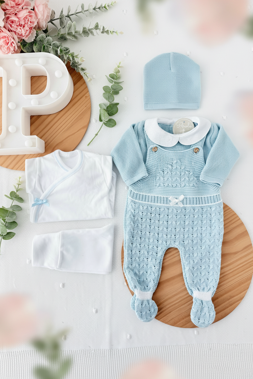 Pack saída de maternidade AZUL 5 peças: body, calças, jardineiras, camisola e gorro Primavera Verão