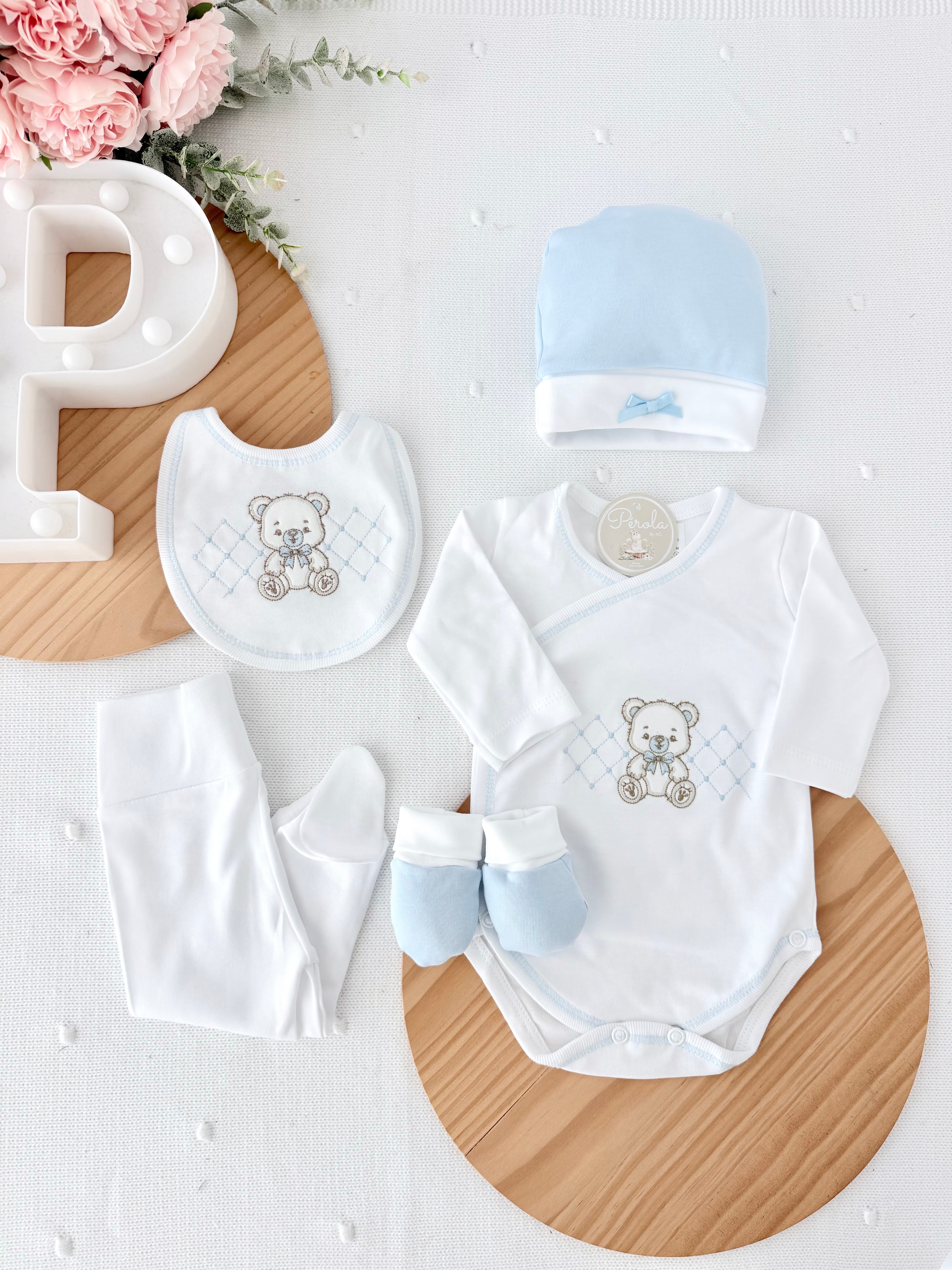 Pack interiores ursinho: body, calças, gorro, luvas e babete