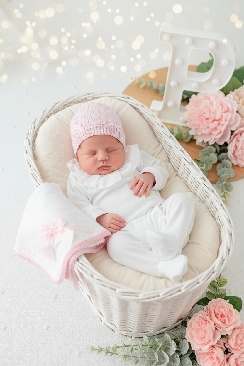 Pack 3 peças Branco/ROSA: Babygrow, gorro malha e fralda
