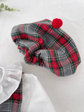 Conjunto Menina Tartan Vermelho e cinza - Vestido, Blusa e Bóina