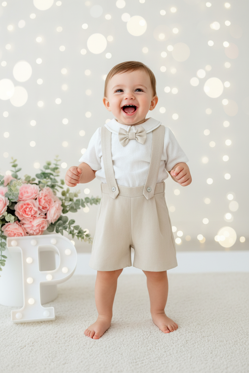 Conjunto especial cerimónia para menino: calções, camisa e laço