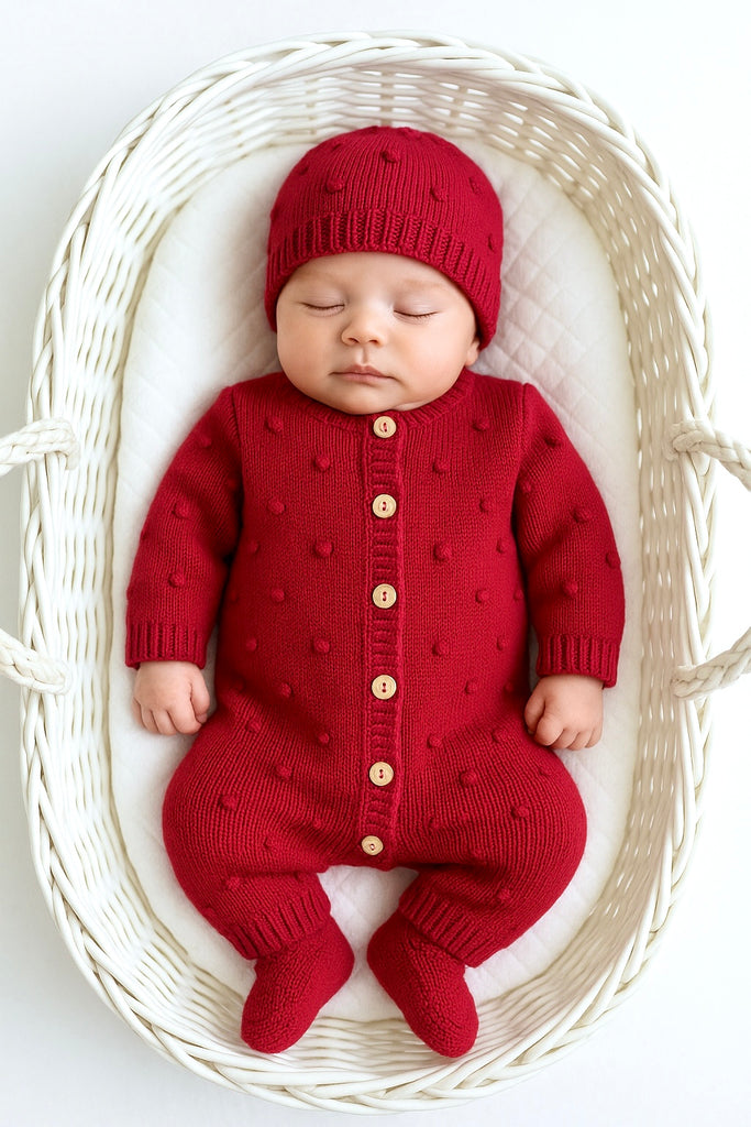 Conjunto bolinhas: macacão, gorro e carapins de malha