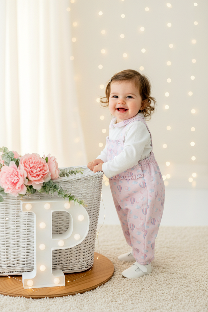 Conjunto balões rosa: Jardineiras forradas e camisola Outono Inverno