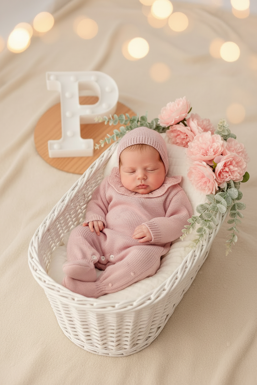 Babygrow e touca Rosa Velho em malha Outono Inverno