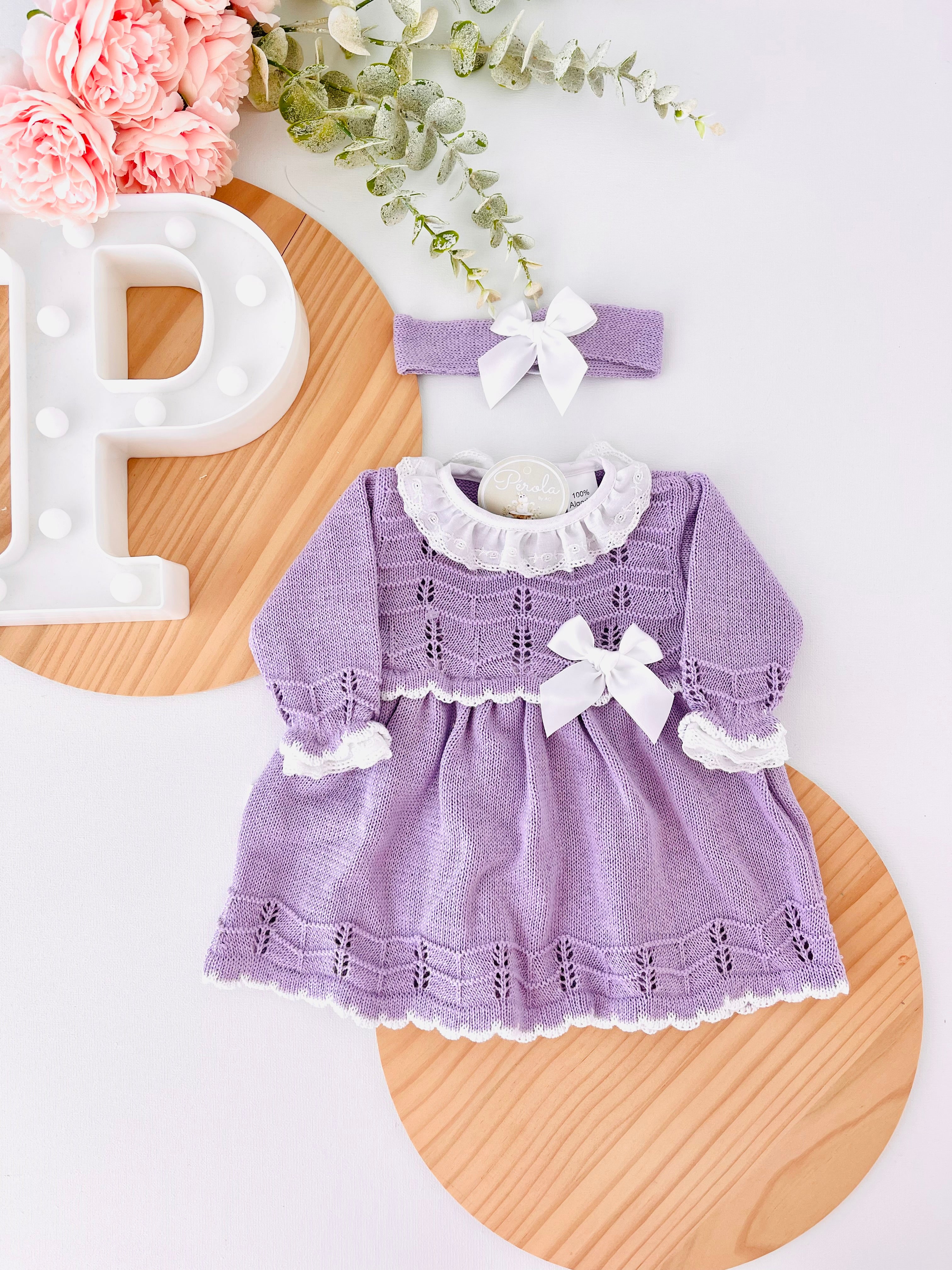 Conjunto lilás : Vestido e fita para cabelo 100% algodão