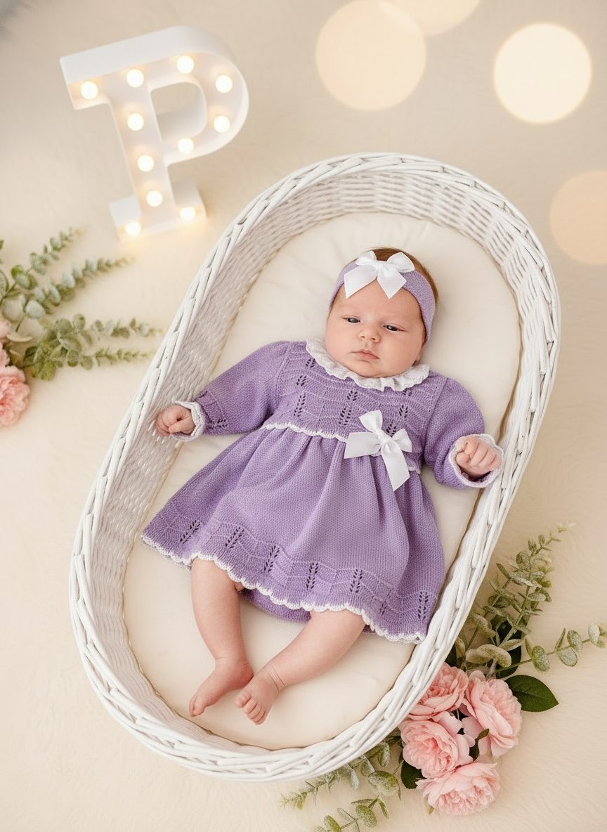 Conjunto lilás : Vestido e fita para cabelo 100% algodão