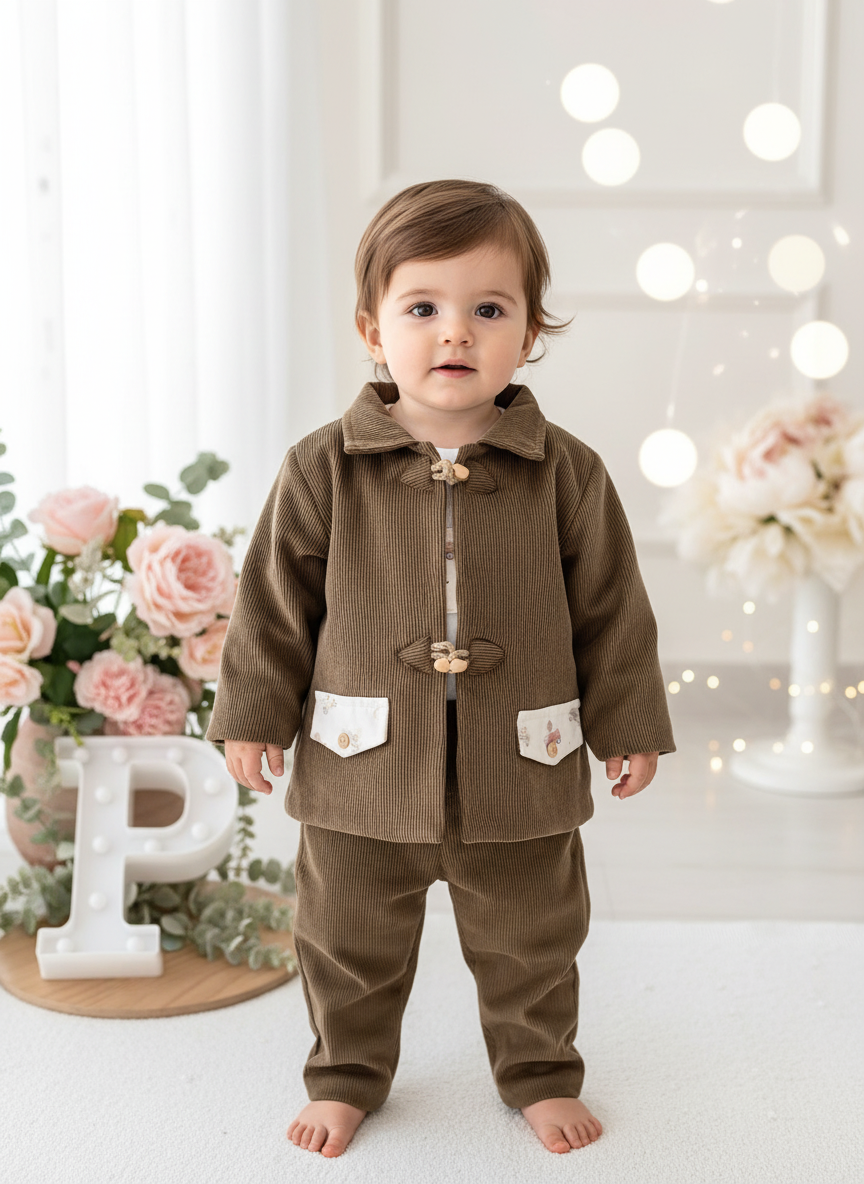 Conjunto menino bombazine 3 peças: casaco, calças e camisola