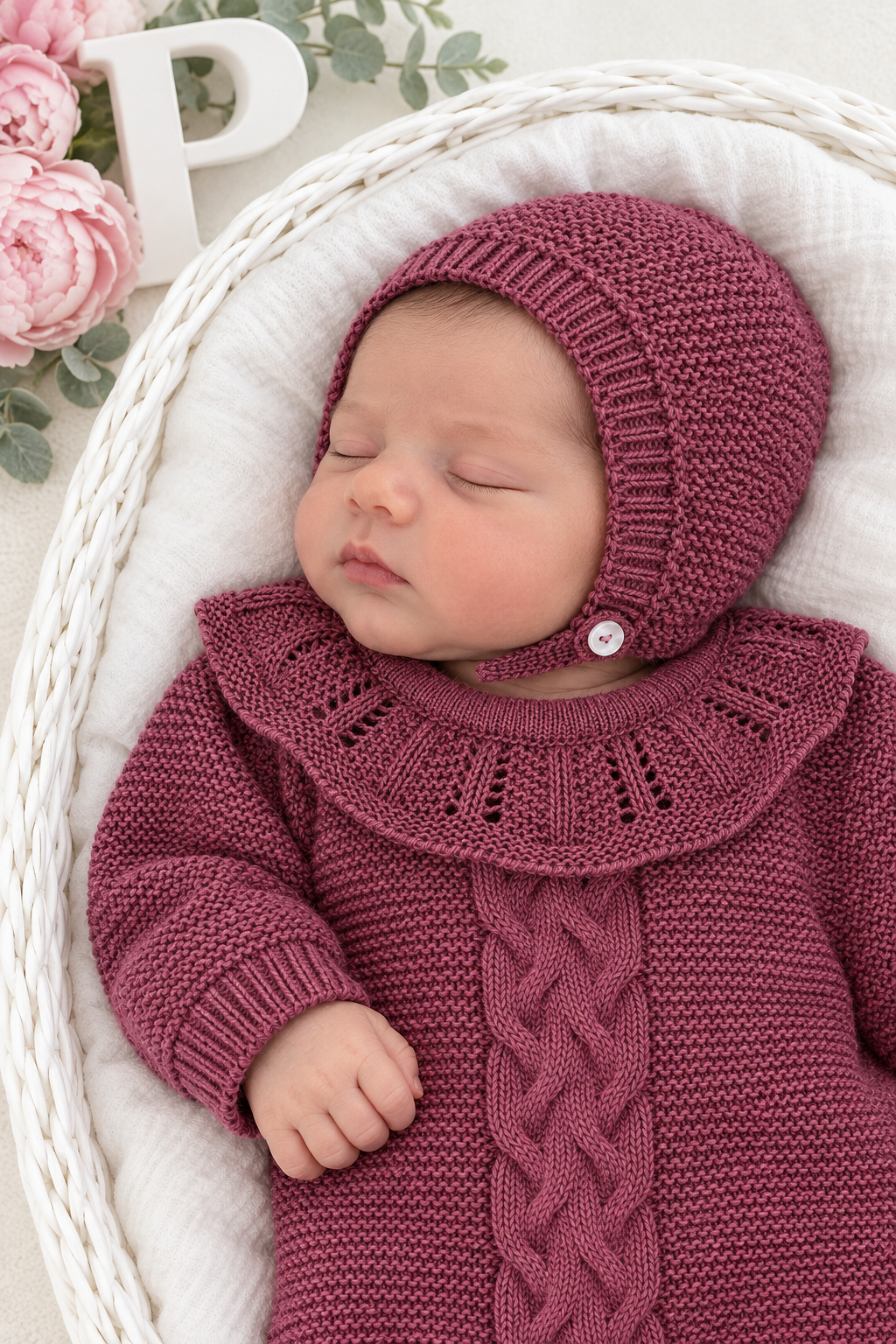 Babygrow e touca em beringela- saída de maternidade