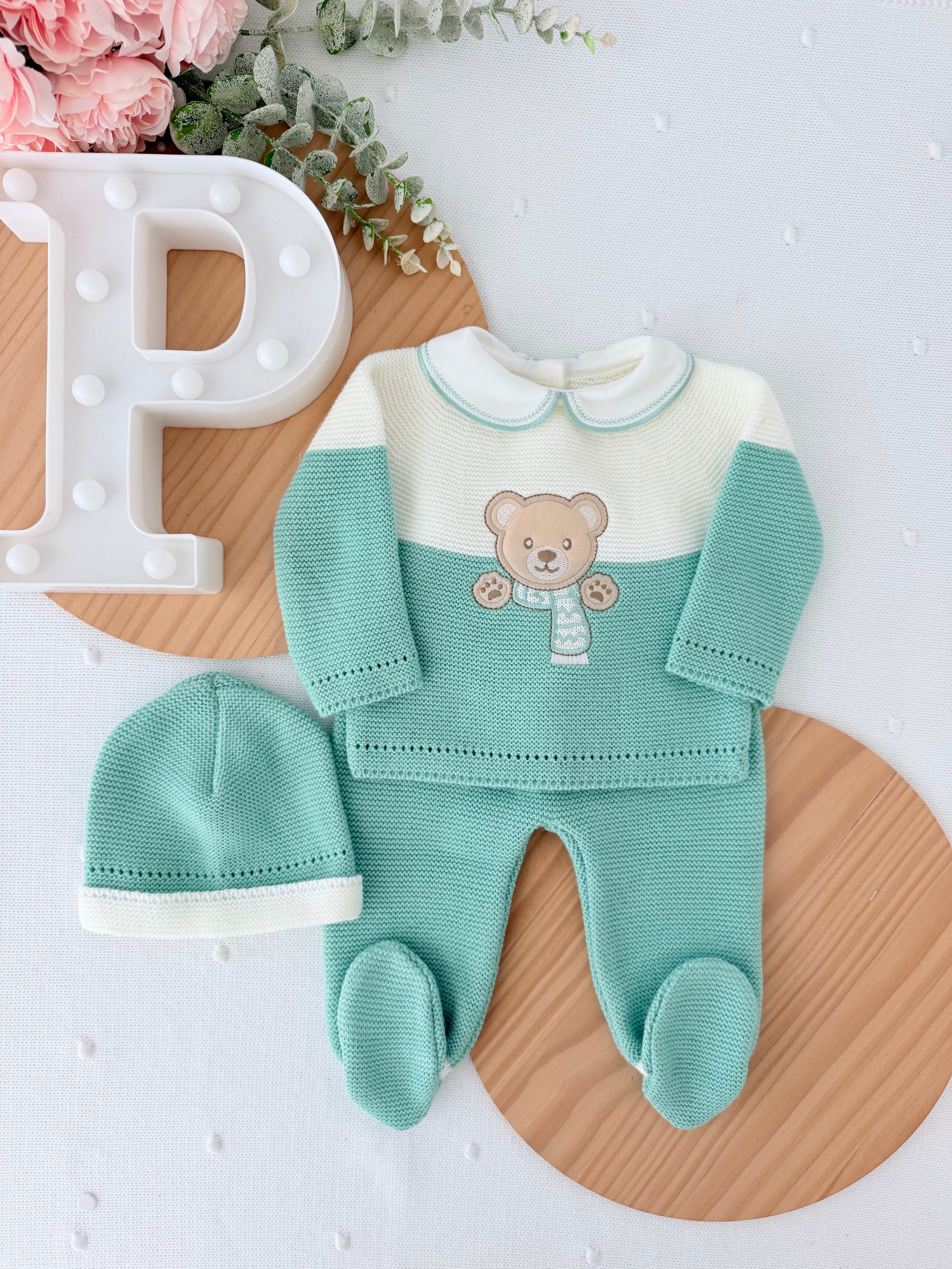 Conjunto malha ursinho: camisola, calças e gorro 0/3M