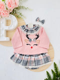 Conjunto Renas rosa : gancho, camisola e saia/tapa fraldas