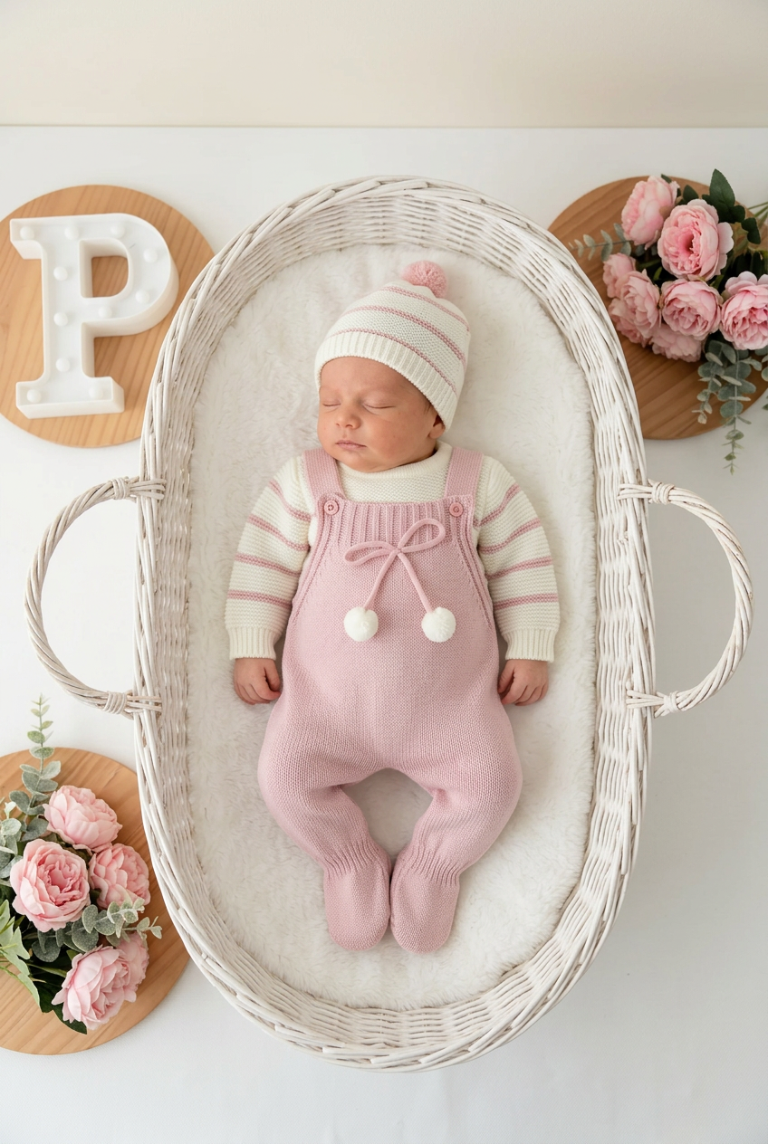 Conjunto risquinhas rosa: jardineiras, camisola e gorro
