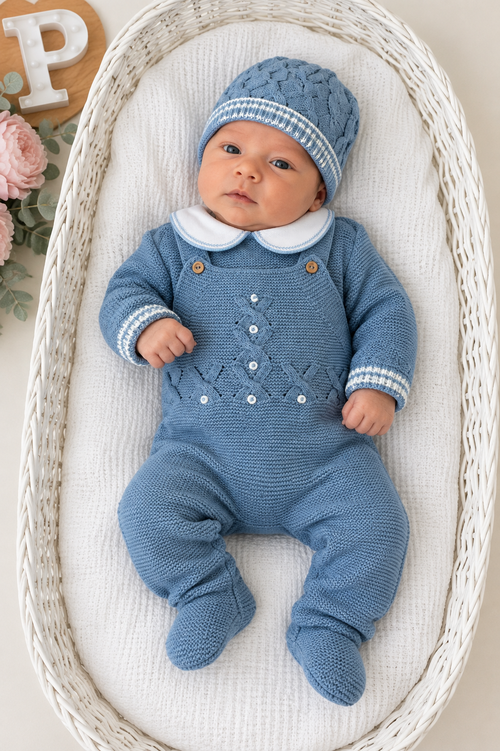 Saída de maternidade azul cobalto : jardineiras, camisola e gorro malha quentinha