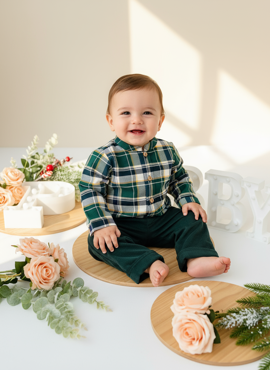 Conjunto xadrez: calças bombazine e camisa
