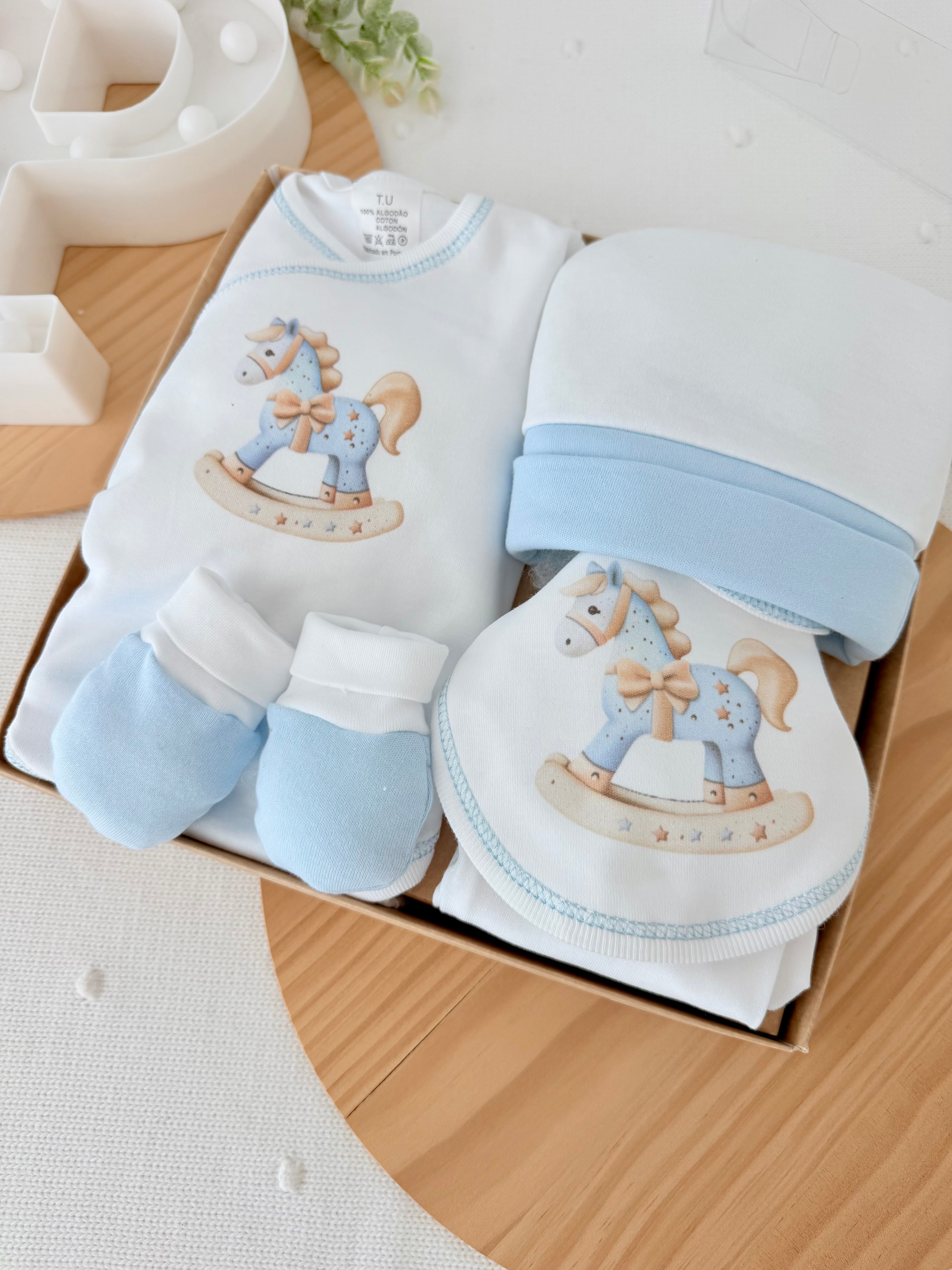 Pack interiores cavalinho: body, calças, gorro, luvas e babete