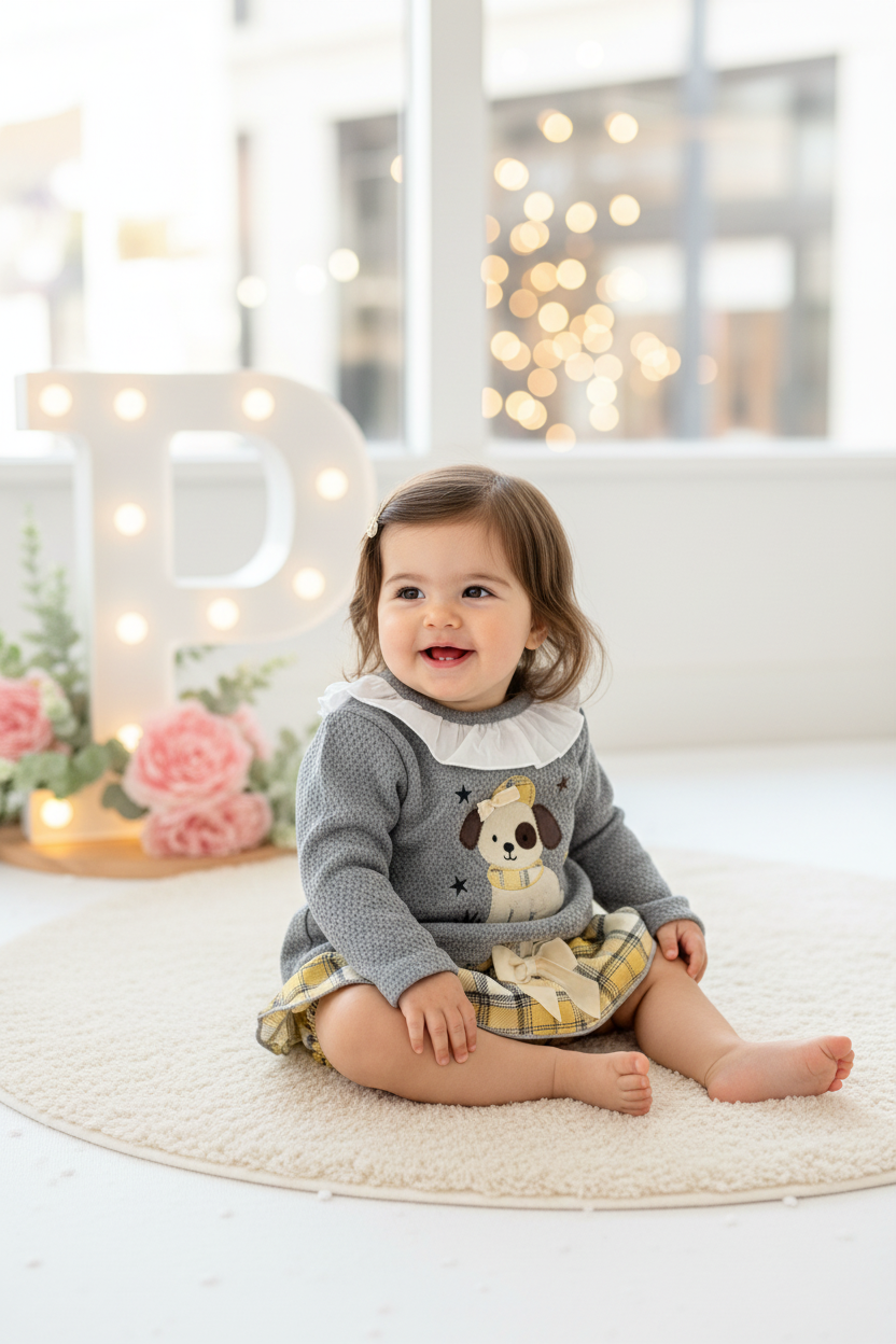 Conjunto cãozinho: camisola e saia com tapa fraldas