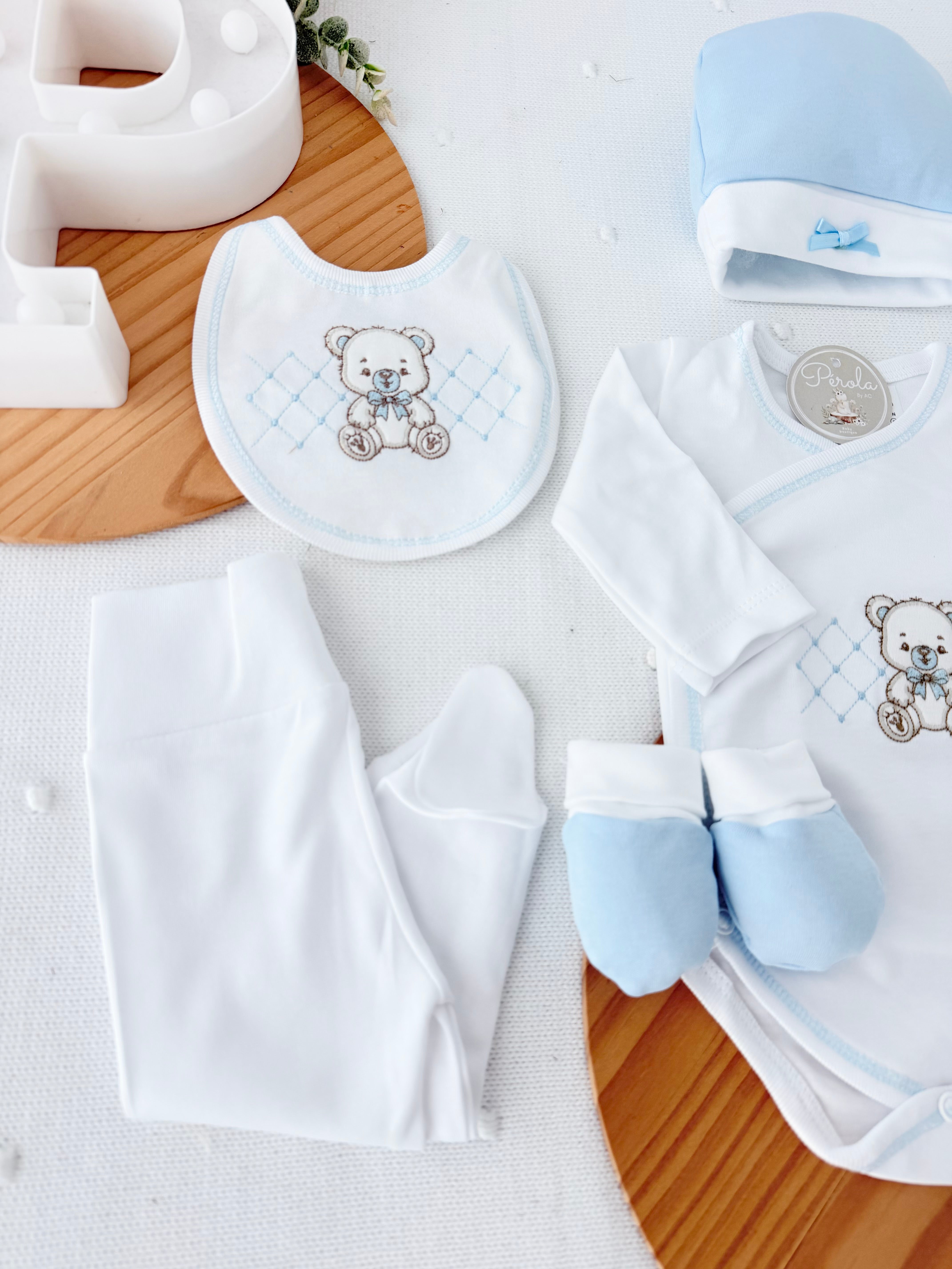 Pack interiores ursinho: body, calças, gorro, luvas e babete