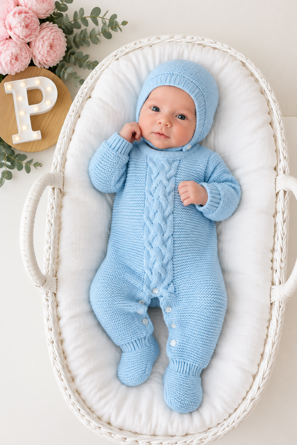 Babygrow e touca azul- saída de maternidade