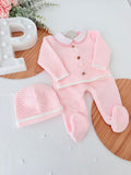 Conjunto rosa: camisola, calças e gorro